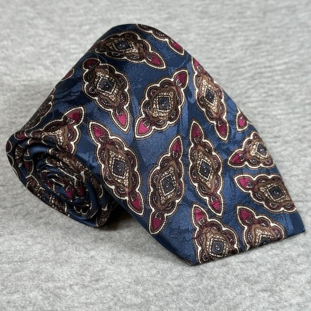 Vintage Stonehenge 100% Silk Foulard Geometric Tie‎ Blue Handmade Necktie USA